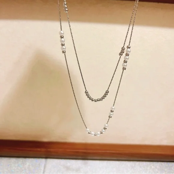 Stainless steel double layer silver tone necklace - Picture 7 of 9